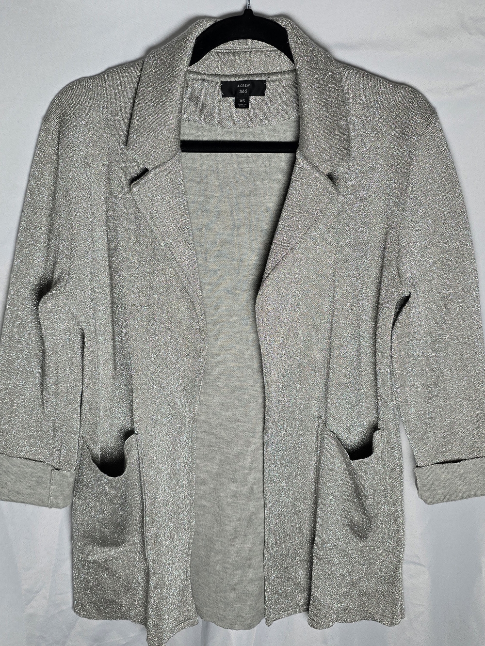 J. Crew 365 Silver Metallic Glitter Open Front Blazer Cardigan Sweater, Sz XS